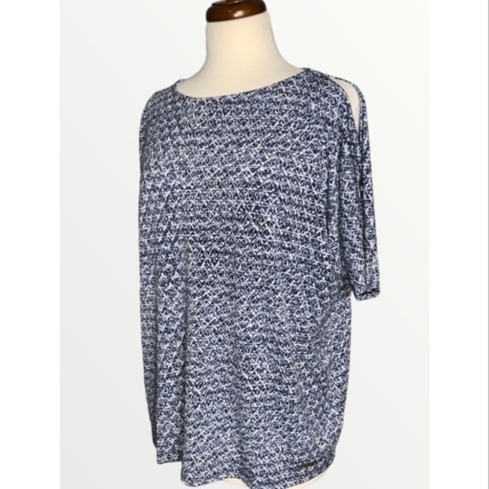 Jones New York Blue & White Print Stretchy Split Short Sleeve Top XL